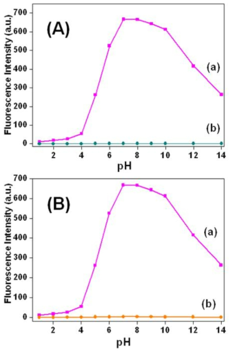 EB-PMO 화학센서에 대한 pH 값의 변화에 따른 형광강도의 변화를 나타내는 그래프.