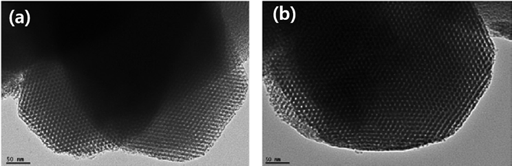 TEM images of SBA-15 (a) and TACN functionalized SBA-15 (b).