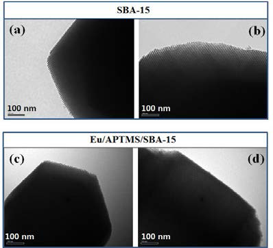SBA-15(a 및 b)와 Eu/ APTMS/SBA-15(c 및 d)의 투과전 자 현미경 사진.
