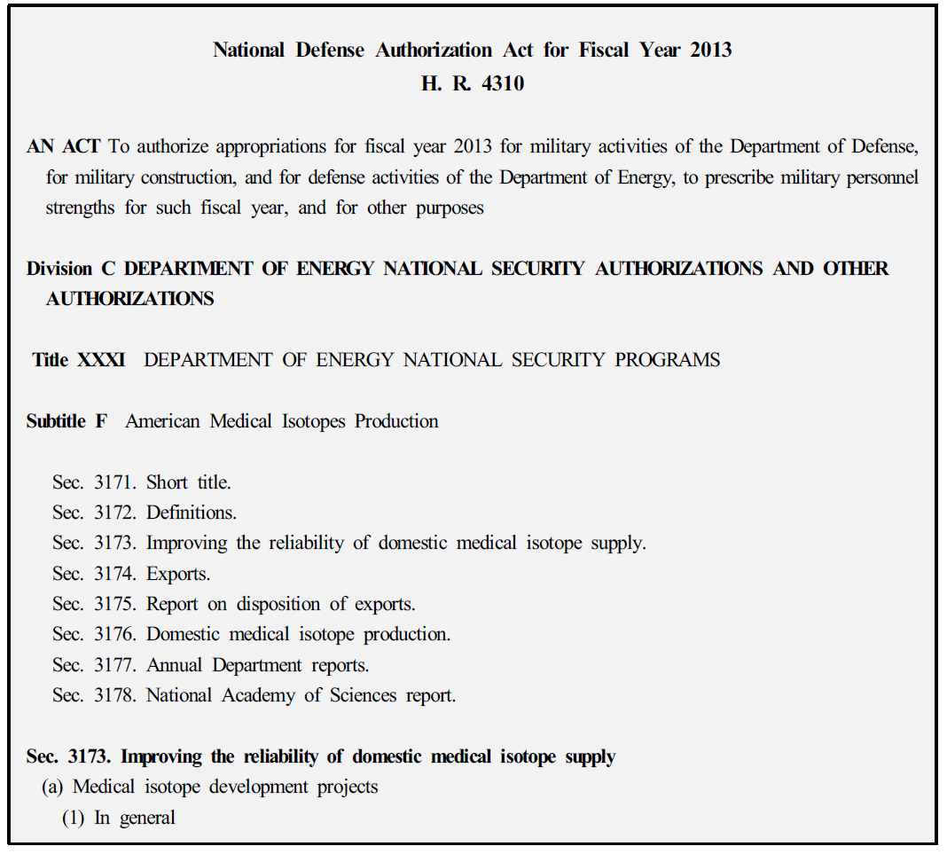 미국의 관련 법령: American Medical Isotopes Production Act