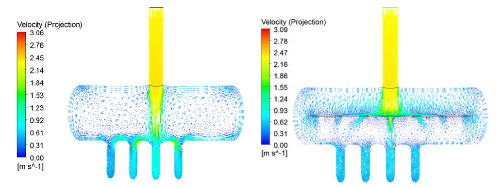 baffle plate 적용 시 유동 분배 해석 결과