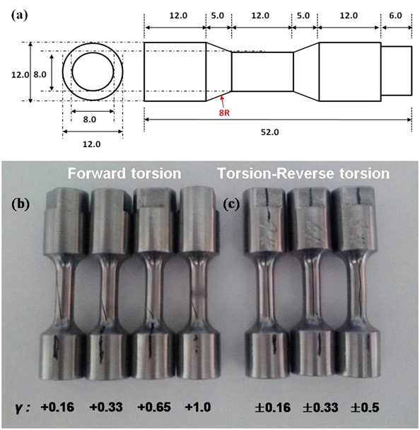 (a) 비틀림 시험용 시편의 치수 및 (b) 전 단 및 (c) 전단-역전단 변형 후 시편