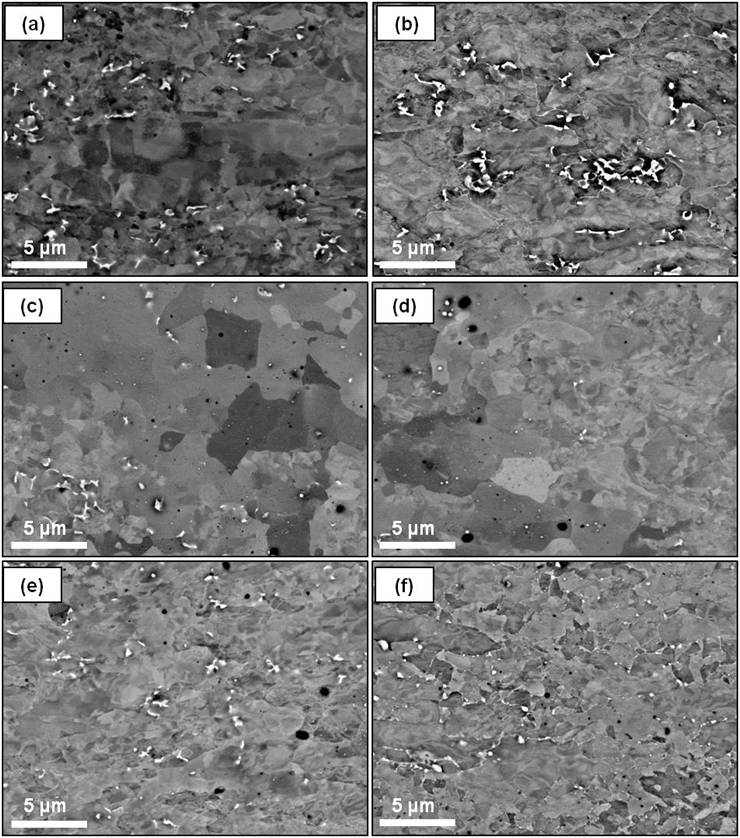 FM ODS 신합금의 (a) 모재(Mother plate), (b)냉간압연 후, 그리고 중간열처리 조건 (c) IHT 1, (d) IHT 2, (e) IHT 3, (f) IHT 4 후 미세조직 변화