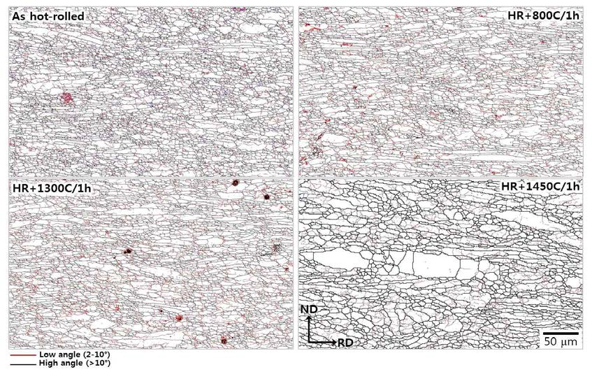 65% 열간압연된 T509X의 열처리 온도에 따른 EBSD GB map