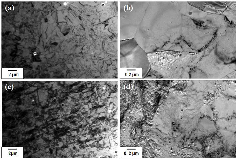 (a), (b) 냉간압연 전, (c), (d) 87.5%로 냉간압연 후 TEM 조직