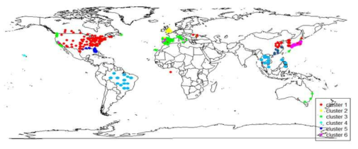 군집화 결과를 세계지도에 나타냄.