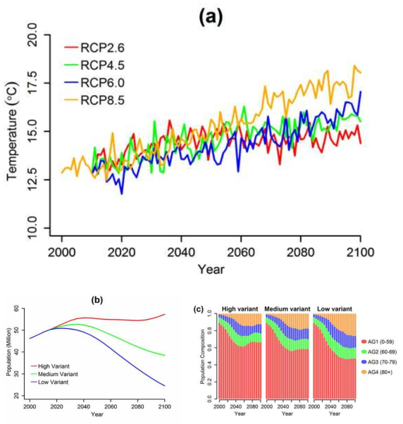 (a) The annual mean temperature (averaged in the seven cities) during 2000-2100 estimated using the HadGEM3-RA model under four RCP scenarios (RCP 2.6, RCP 4.5, RCP 6.0, and RCP 8.5). (b) The total population prospects in South Korea by United Nations (UN) during 2000-2100 under three fertility variant scenarios (high, medium, and low). (c) The composition changes of four age groups in the total population. The numbers in the parenthesis indicate the range of ages included in each age group.