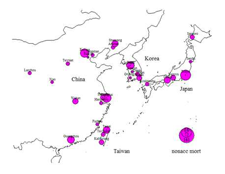아시아 지역의 사망 자료를 이용한 사망자수-지도 그림