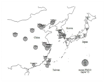 아시아 지역의 사망자료를 이용한 PM10-지도 그림