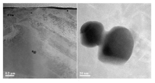 (a) Black spot defects under the SS316L surface, (b) 20-nm scale black spot defects on the 1-μm depth under the surface after 17-MeV proton irradiation with fluence 1016p/cm2.