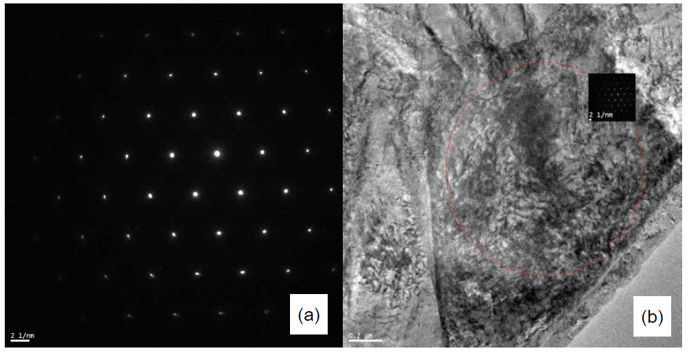 (a) 시료표면 0.65 mm 깊이에서 측정한 회절패턴, (b) 회절패턴의 한 점을 bright field로 촬영한 TEM사진