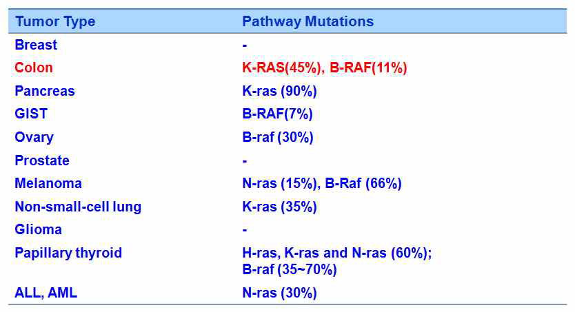 여러 암종에서 RAS와 RAF의 돌연변이 비율