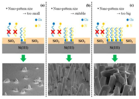 Growth mechanism of GaN NWs by NDOE with the variation of different pattern size.