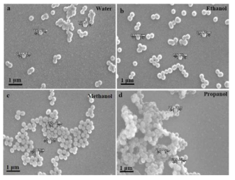 FESEM images of the surface of LED coated with Ag/SiO2 NPs dispersed in different solvents after heat treatment at 400 ℃ for 1 min