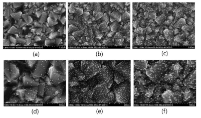 FE-SEM images of Au-deposited ITO glass electrode by electrophoresis deposition method depending upon deposition time (pH 2, 40℃, 5 mA) (a, d) 1 min, (b, e) 5 min, (c, f) 10 min, (a, b, c) ×50,000, (d, e, f) ×100,000.