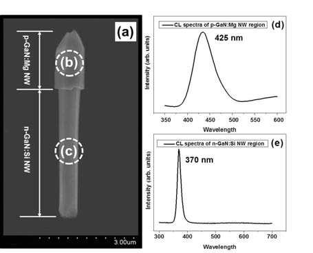 (a) pn-접합 GaN 나노와이어 FE-SEM 이미지, (d) (b)영역 CL spectrum, (e) (c)영역 CL spectrum.