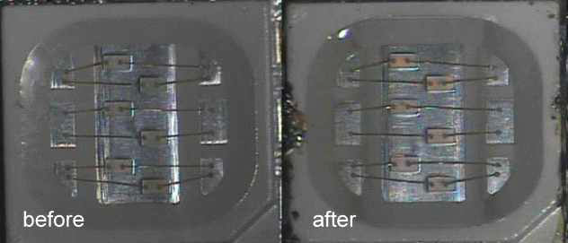 스트레스 전과 후, LED 패키지의 광학현미경 사진