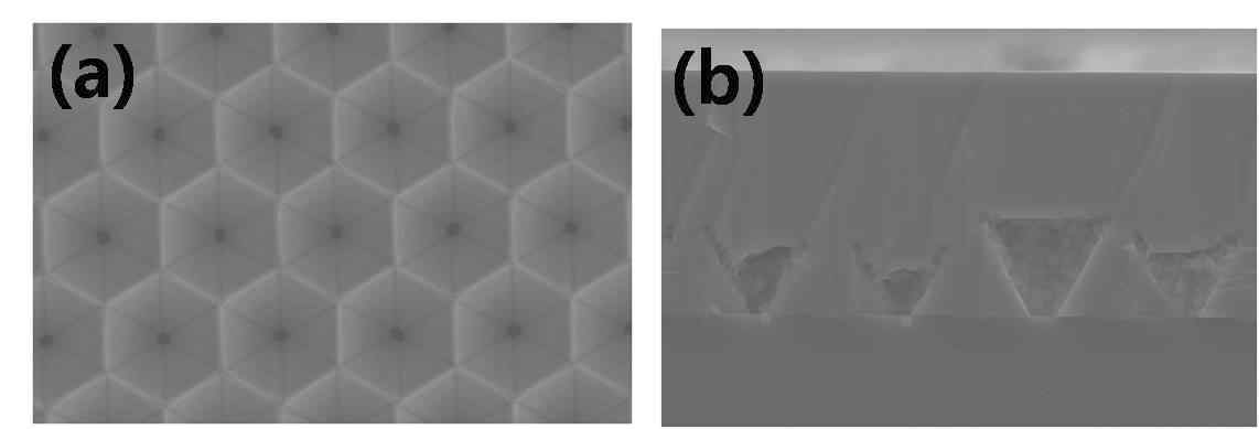 (a) Inverted hexagonal cone(honeycomb structure)의 표면 (b) 재성장 후 단면 SEM 이미지