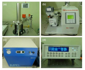 열전소자 측정을 위한 저온/고진공 유지 장비 (a) 저온 챔버, (b) 고진공 펌프, (c) LHe 압축기, (d) 온도 조절히터
