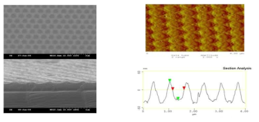 나노임프린트 패터닝 공정을 적용한 표면의 SEM(좌) 및 AFM(우) 이미지