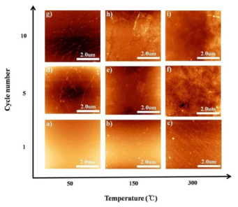 AFM으로 측정된 온도와 분사 노즐의 cycle 횟수에 따른 graphene oxide 균일도 변화