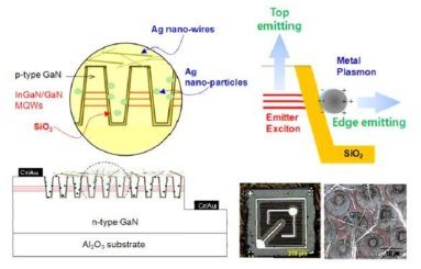 주기적인 micro-hole LED에 은 나노 구조, 은 나노와이어를 형성함에 따른 플라즈몬의 형성 모식도와 전자 현미경 이미지