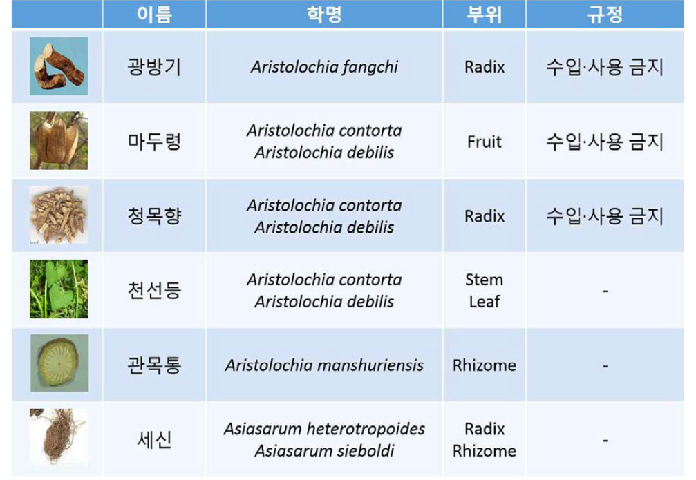 Aritolochic acid I을 함유한 천연물 및 우리나라 규정