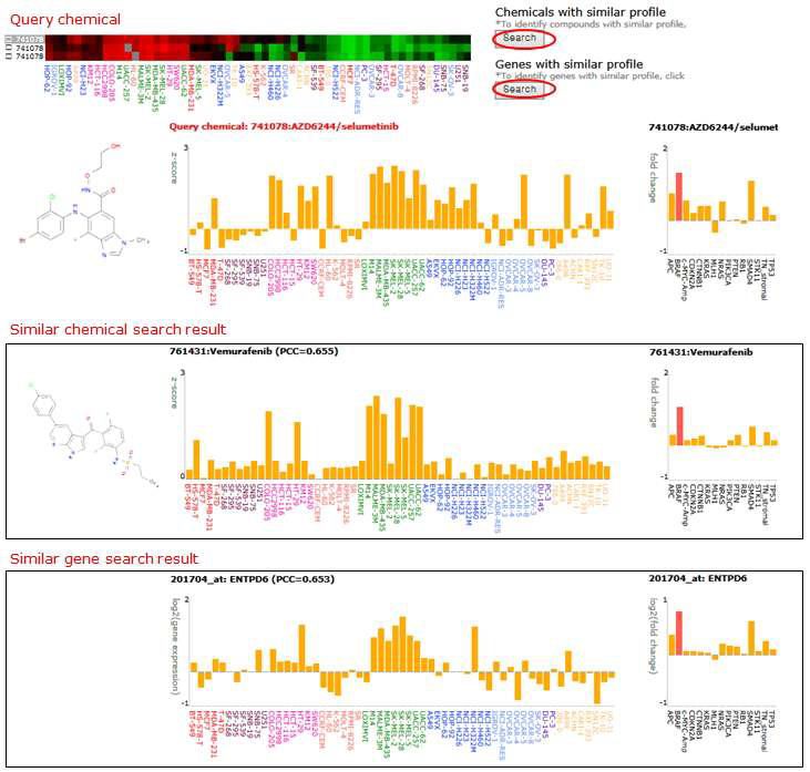 특정 화합물과 비슷한 프로파일의 화합물과 유전자 발현 검색 결과의 예