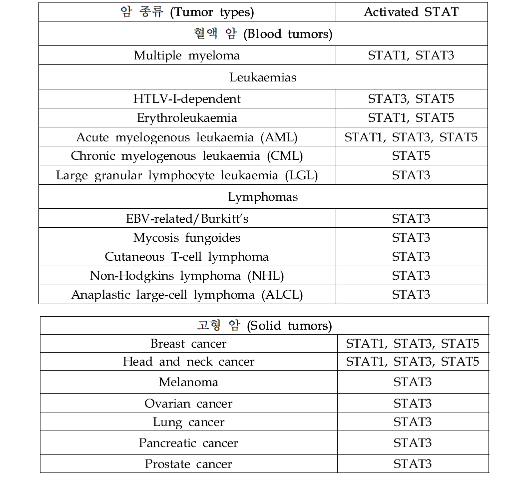 다양한 암종에서 발견되는 STAT 의 종류