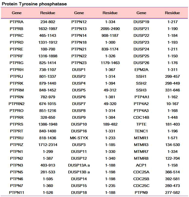 발현벡터 제작에 사용된 PTP 종류 및 해당 잔기