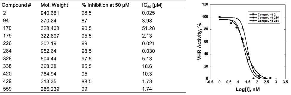 VHR 탈인산화효소에 대한 hit 화합물의 IC50