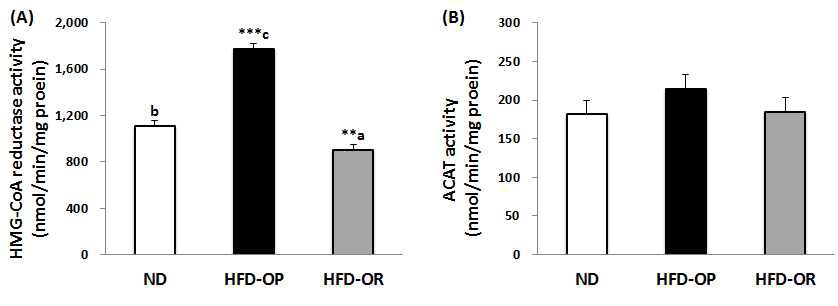 The hepatic HMGCR and ACAT activities of obese-prone and obese-resistant C57BL/6J mice whose phenotype was observed after feeding high-fat diet for 12 weeks