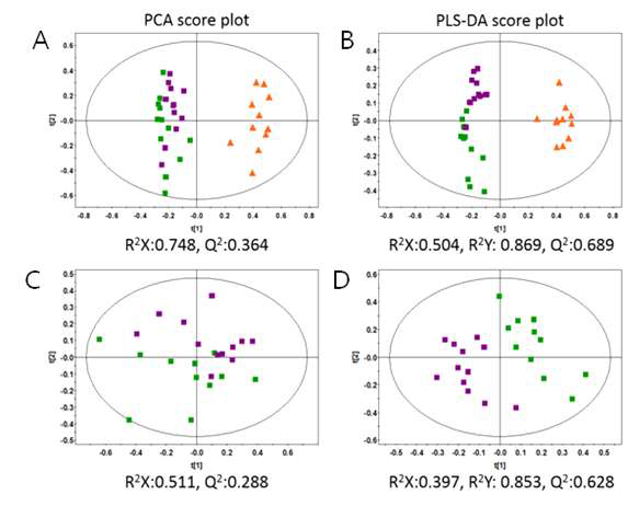 Principal component analysis (PCA), partial least squares-discriminant analysis (PLS-DA) score scatter plots obtained from the 1H NMR spectra of urine for global analysis, which is demonstrating a clear differentiation among the groups