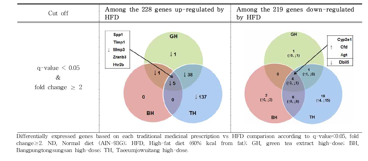 The numbers of common genes in the epididymal white adipose tissue in GH, BH and TH groups compared to the high-fat diet group