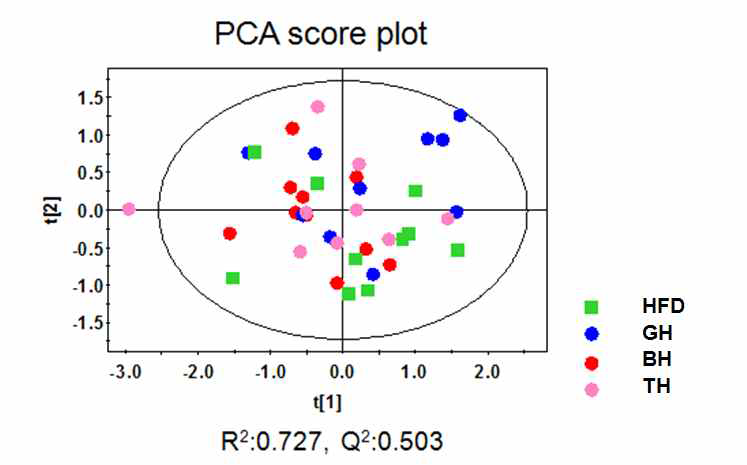 Principal component analysis (PCA) score scatter plots obtained from the 1H NMR spectra of liver polar extract for global analysis, which is demonstrating a clear differentiation among the groups