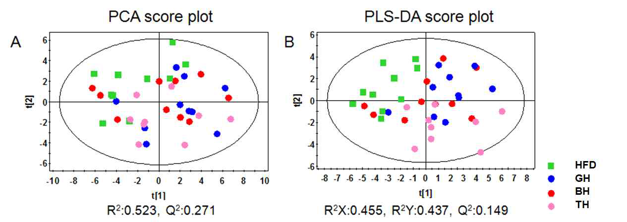 Principal component analysis (PCA), partial least squares-discriminant analysis (PLS-DA) score scatter plots obtained from the 1H NMR spectra of liver polar extract for targeted analysis, which is demonstrating a clear differentiation among the groups