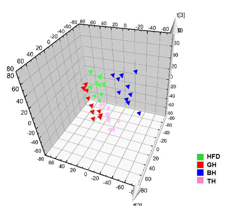 Partial least squares-discriminant analysis (PLS-DA) 3D score scatter plots obtained from the UPLC/Q-TOF MS spectra of liver lipid extract for global analysis, demonstrating a clear differentiation among the groups
