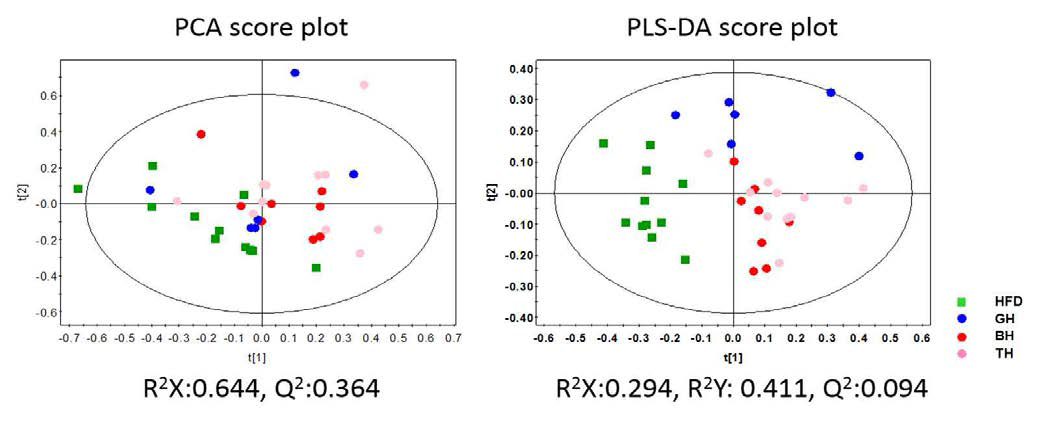 Principal component analysis (PCA), partial least squares-discriminant analysis (PLS-DA) score scatter plots obtained from the 1H NMR spectra of 1H NMR spectra of urine for global analysis, which is demonstrating a clear differentiation among the groups