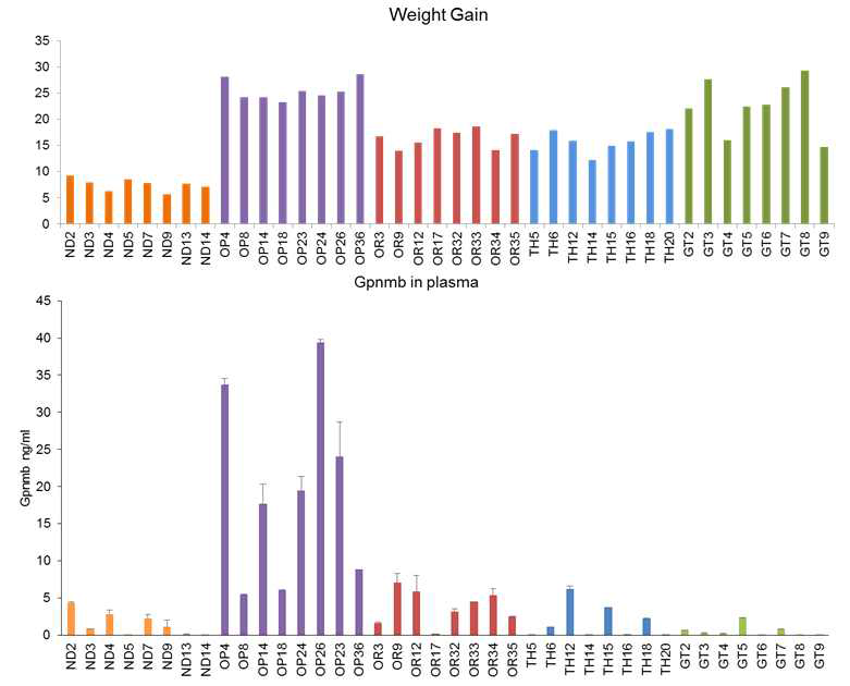 체중 증가량과 Gpnmb 량 측정값의 경향성