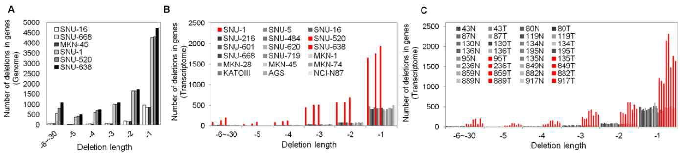 WGS (A)와 RNA sequencing (B, C) 분석을 통한 MSI의 결손 빈번도