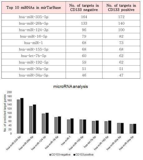 CD133+세포와 CD133-세포에서 microRNA 발현 변화 예측