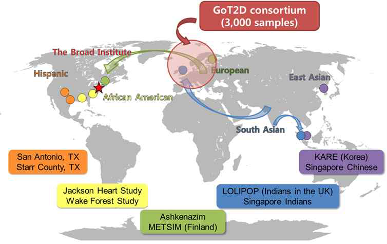 T2D에 대한 연구를 위해 이용된 다인종으로 구성된 대용량 유전체 자료의 수집에 대한 협력 코호트