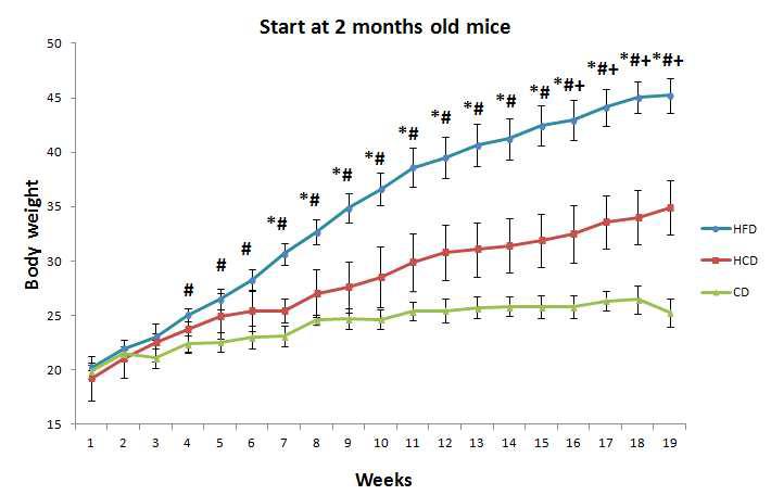 2개월 령 HBx TG 마우스에 고지방, 고탄수화물 식이를 6개월 동안 먹임.