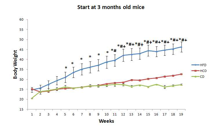 3개월령 HBx TG 마우스에 고지방, 고탄수화물 식이를 6개월 동안 먹임.