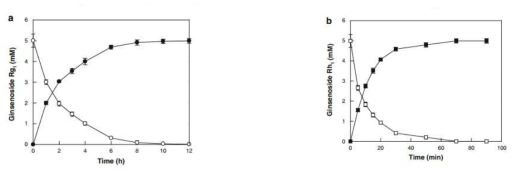 최적조건에서 P. furiosus β-glucosidase에 의한 Rg1과 Rh1의 생산