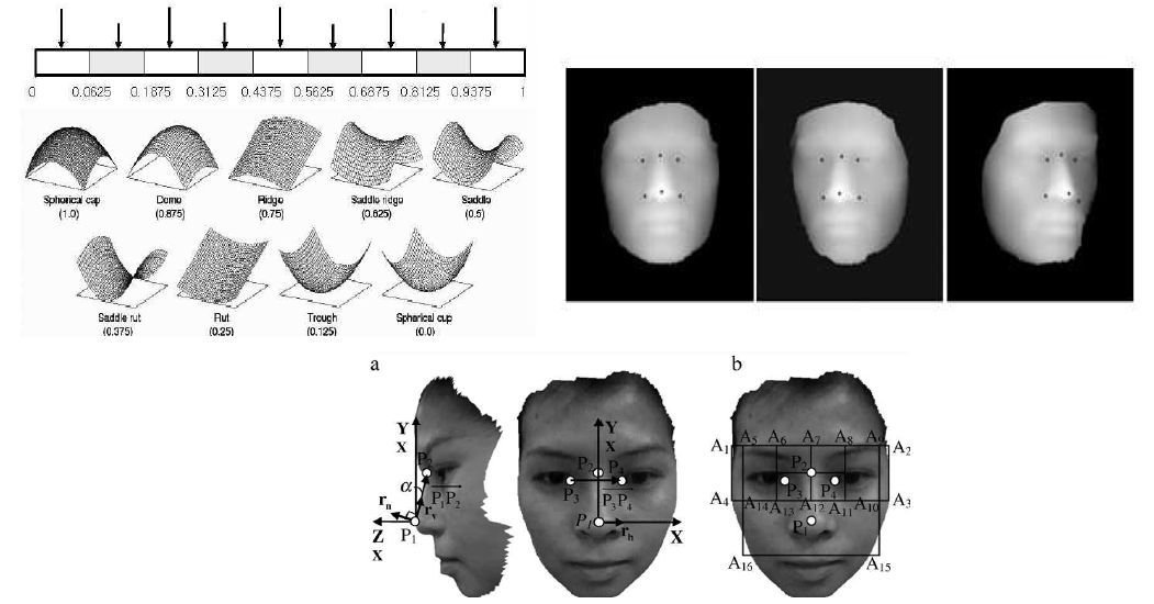 일반 얼굴 모델에 텍스처 매핑결과(위쪽)와 거리영상 특징점결과(아래쪽)