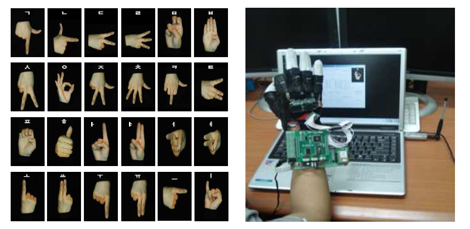 한글의 기본적인 24 가지 음소(왼쪽)과 지화 인식 시스템 글러브의 실험장면(오른쪽)