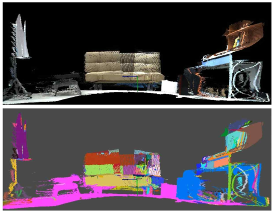ICP에 의해 정합된 3차원 환경맵(상)과 포인트 클라우드의 분리 결과(하)