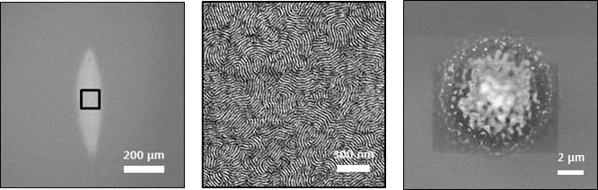 레이저 조사를 통해 자기조립 된 영역 (좌), 그 부분을 확대한 전자현미경 이미지 (중간), 그리고 미세초점 형성을 통해 얻어진 미세공간선택 분자자기조립 (우)