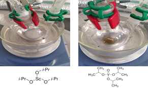 상온에서 반응과정중인 스칸듐산화물과(좌) 바나듐산화물(우)